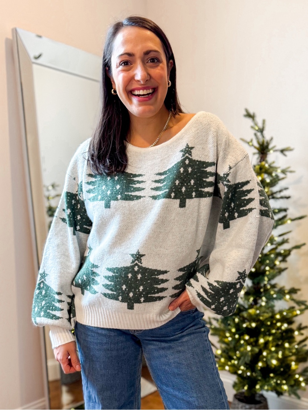 Cupshe Cream Sweater with Green Tree Motif